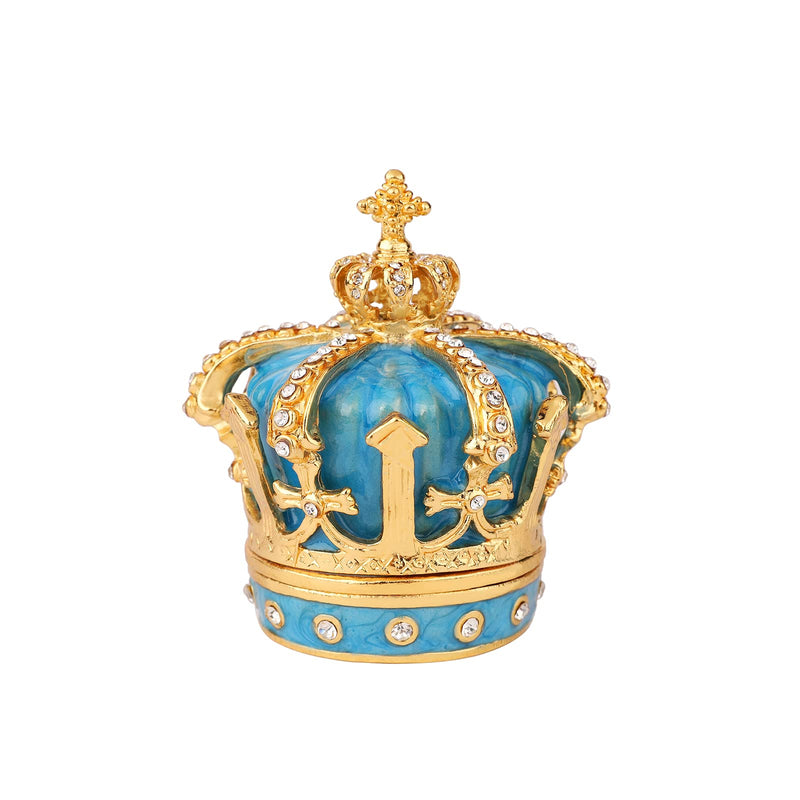 Hand Painted Sky-Blue Royal Crown Style Decorative Enameled Trinket Box Hinged Unique Gift for Family
