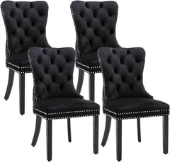 Eifizek Velvet Dining Chairs Set of 4 Tufted Dining Room Chairs with Nailhead Ring Pull Trim Upholstered Dining Chairs with Solid Wood Legs for Kitchen Dining Room (Black)