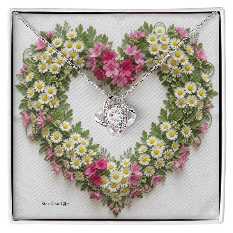 Say I love you with this  Love Knot Necklace, Custom Designed Flower Background
