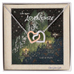 "Life is an Adventure" a Maine shape design, gift a double heart design for your wife, girlfriend, or fiancee