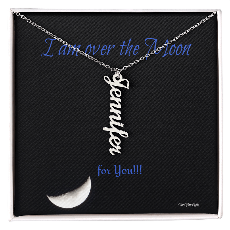 I am over the moon for you! message with a custom name necklace from Star Glow Gifts