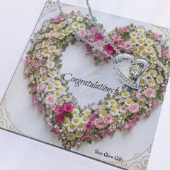 Forever Love Necklace Heart with Custom Designed Yellow & Pink Flower Heart Background "Congratulations"