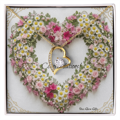 Forever Love Necklace Heart with Custom Designed Yellow & Pink Flower Heart Background "Congratulations"