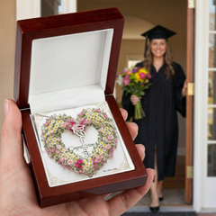 Graduation Name Necklace Custom Designed Flower Heart Display Background