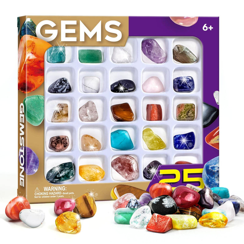 Rock Collection Box for Kids - 25 Unique Gemstones- Educational Science Kit Great STEM Gift for Boys & Girls