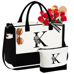 Women- Gifts for Mom Birthday Gifts for Women Gifts for Friend Female Christmas Mom Gifts Friendship Coworker Boss Gifts Canvas Initial K Monogram Beach Tote Bag