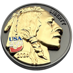 3D American Buffalo Indian Head Tribute Coin With USA 250 Privy Mark (Black Ruthenium & 24k Gold)